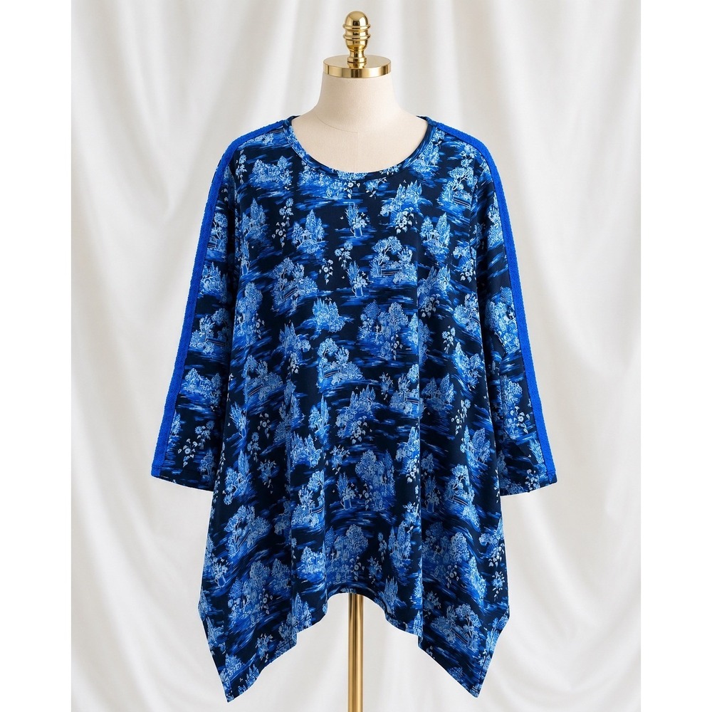 LOGO Lounge Floral Print French Terry Toile Crochet Trim Pockets Blue Size 3X